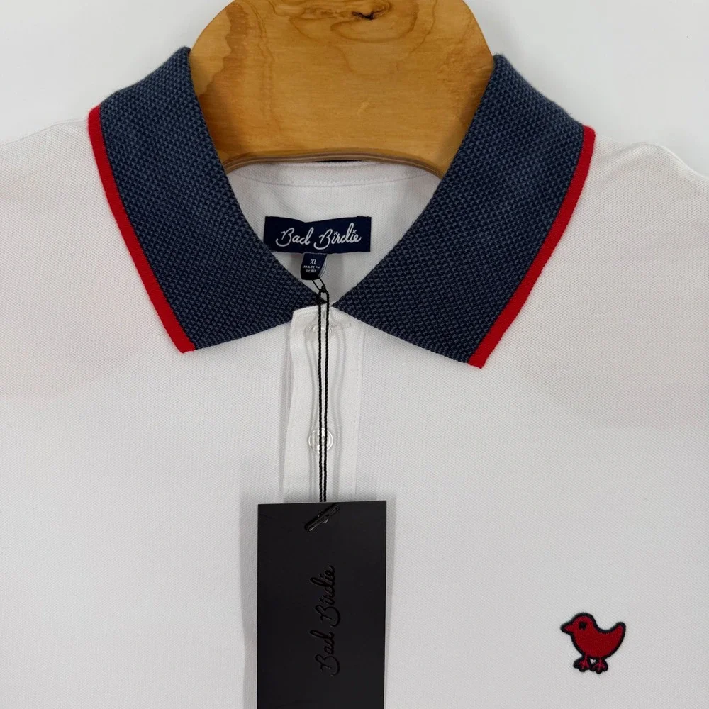 Bad Birdie Mens Golf Polo Shirt XL White Navy Blue Red Trim Performance New